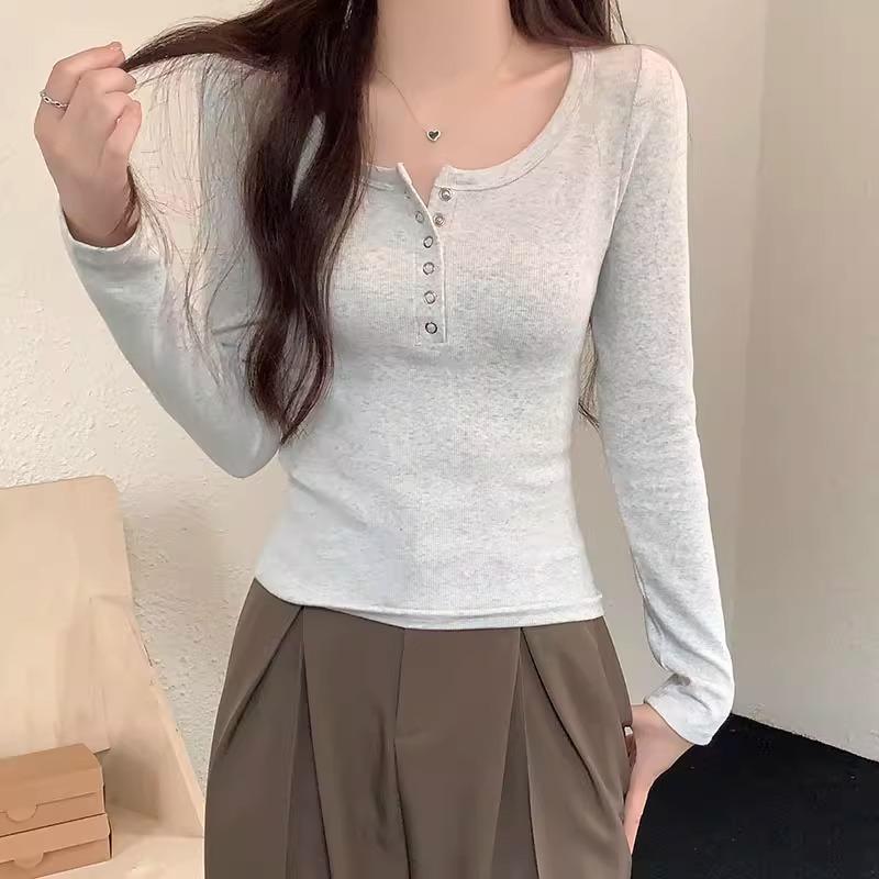 White Half-open Collar Button-down, Long-sleeved T-shirt for Women, Autumn Design, Niche, Non-waist Inner Layering, Bottoming Shirt Top