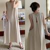 Plus Size Chic Black Sleeveless Long Dress with Open Back and Hollow Design