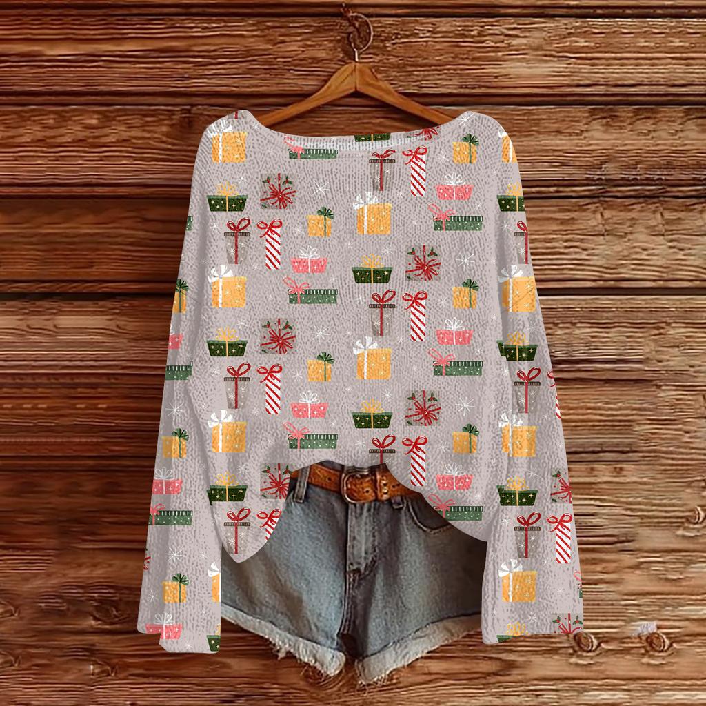 Women's Fashionable Oversized Knitwear Long-Sleeved Christmas Print Top