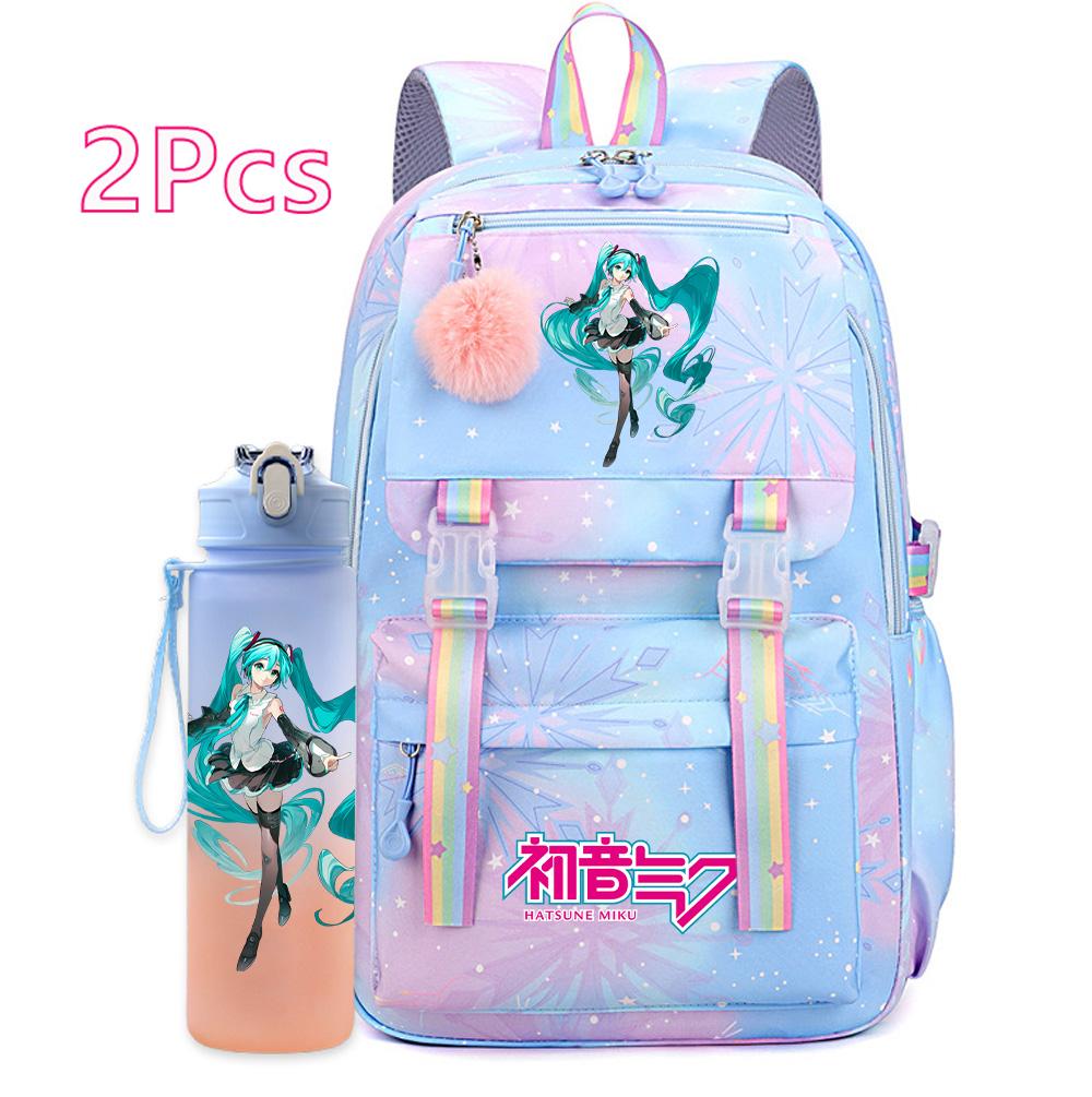 2 st/set Söt Hatsune Miku-tryckt Ryggsäck med 750 ml Vattenflaska för Tonårsflicka Pojke Skolväska Stor Kapacitet Vattentät Resväska Gåva