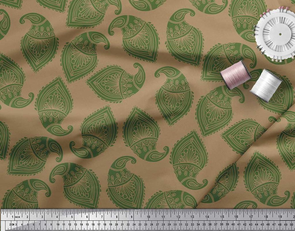 Soimoi Blue Japan Crepe Satin Fabric Green Paisley Printed Craft Fabric by the metre 42 Inch