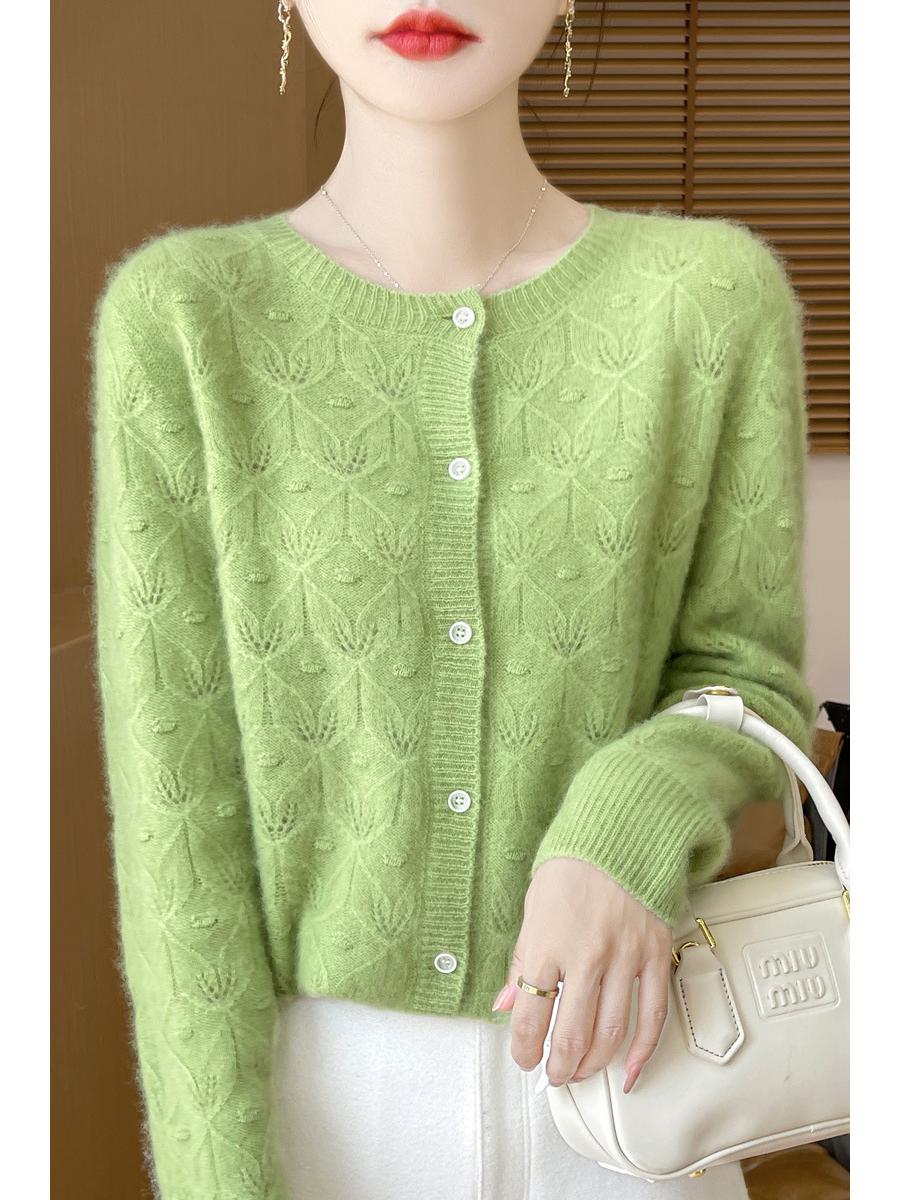 

Женский кардиган с круглым вырезом из 100% чистой шерсти – Легкий, ажурной вязки, свитер с длинным рукавом для весны и осени. M 90-100 Jin