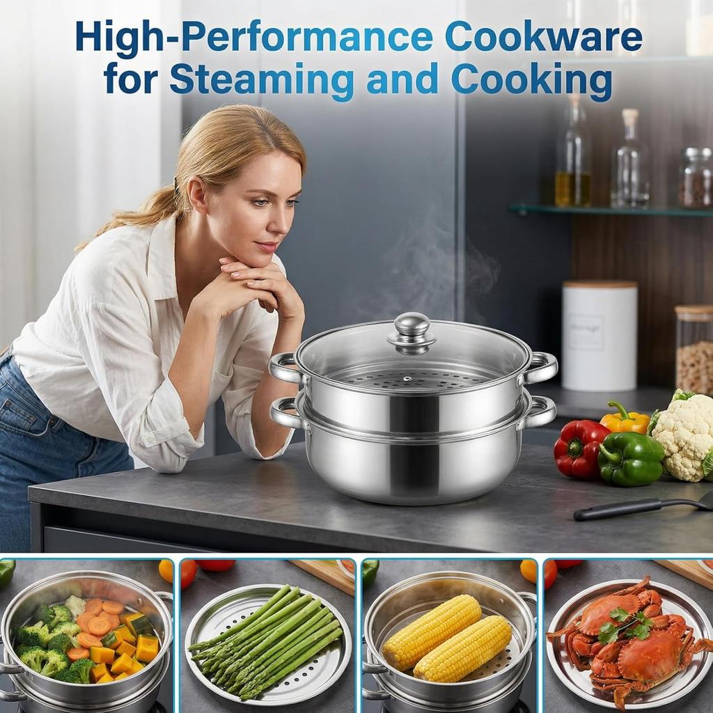 Steamer Pot With Lid 2 Tier, Multipurpose Stainless Steel Steaming Pot, Steam Pots With Handle For Vegetable, Dumpling, Food, 11 Inch