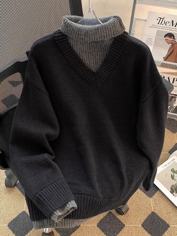 Men's Korean-Style High-Collar Knitwear: Loose Solid Color, Elegant Two-Piece Look, Versatile Winter Pullover
