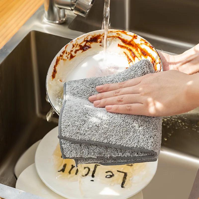 2/5/10pcs Gray Bamboo Charcoal Thickened Super Absorbent Dishcloth Oil Resistant Kitchen Wipes Microfiber Cleaning Cloths