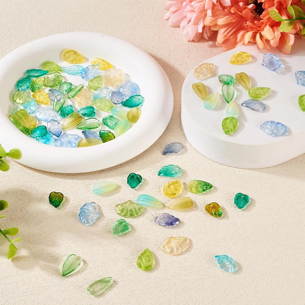 Pandahall 150Pcs Green Leaf Beads Transparent Glass Crystal Tree Leaves Pendants Tiny Green Leaf Bead Caps for DIY Spring Craft Earring Bracelet