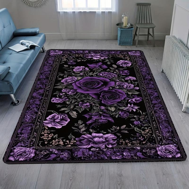 VIKAMA ‘Purple Rose Suite On Black Canvas’ Rug Decorative Rug For Bedroom, Kitchen, Living Room And Dining Room Home Decor