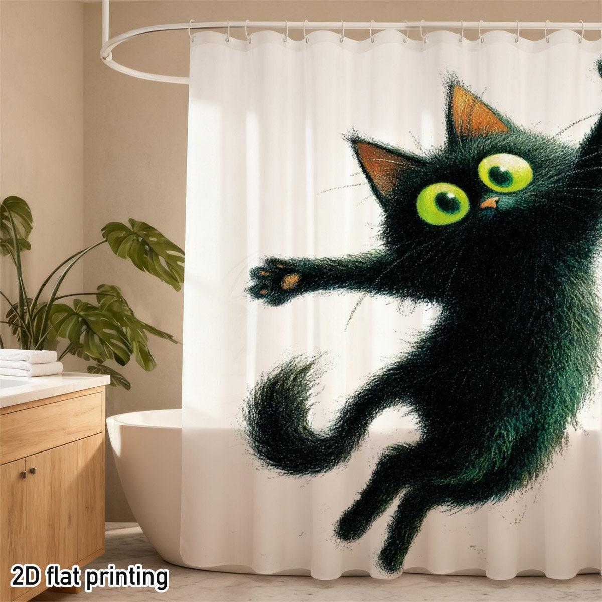 Annier Black/Green 1Pc Cat Shower Curtain – Jumping Pose, Glow Eyes & Paws, 2D Print, Mildew-Resistant Polyester,