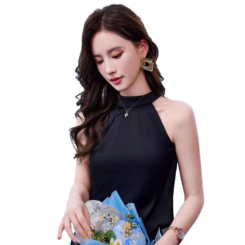 Women's Off-Shoulder Halter Top – Imitation Silk, Summer Style, Strappy Sleeveless Design, Elegant Niche Outerwear.