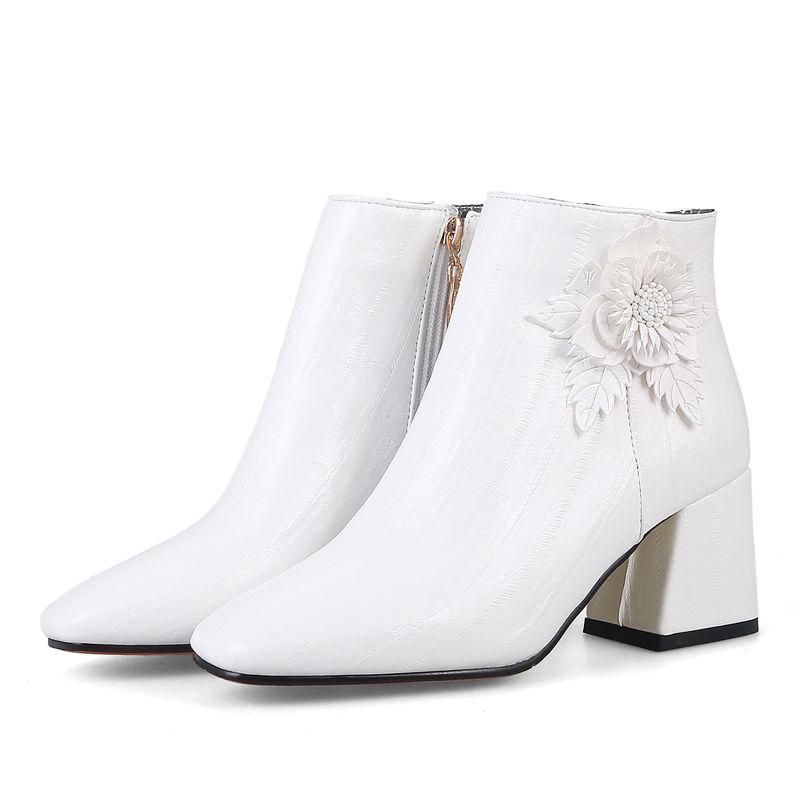 Autumn Winter Women's Ankle Boots Square Toe Winter Shoes Sweet Flower Black Red Handmade Short Boot Ladies Shoes Large Size 45