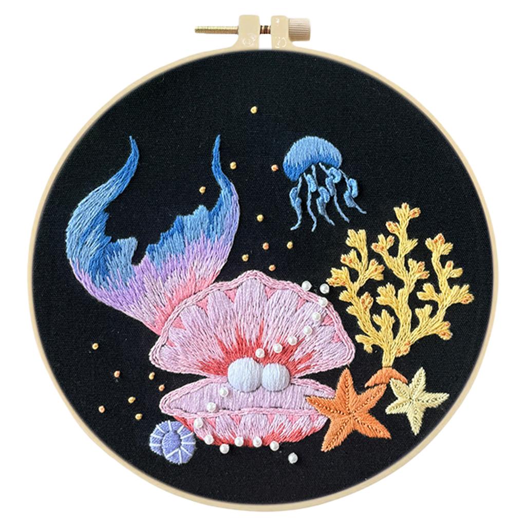 Ocean Scenery DIY Stamped Embroidery Stitches Practice Kit 30x30cm Embroidery Starter Kit with 20cm Embroidery Hoop for Adults