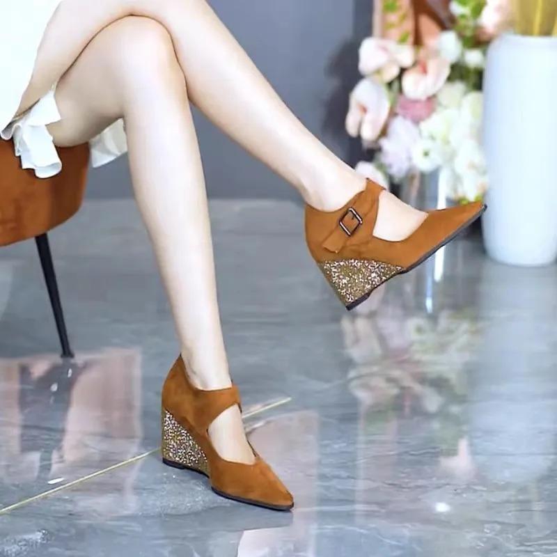 2025 New Wedges High Heels Sexy Women Shoes Autumn Designer Fashion Pointed Toe Women Shoe Suede Elegant Buckle Zapatillas Mujer