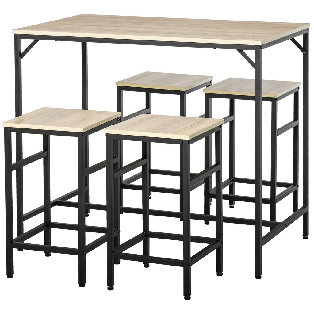 Bar Table Set Standing Table with 4 Bar Stools, 5-Piece Table Set, Steel Oak