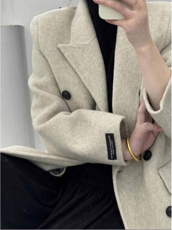 2025 Autumn/Winter Women's Double-Sided Cashmere Wool Coat, Suit Collar, Korean Style, Waist-Slimming, Figure-Flattering.