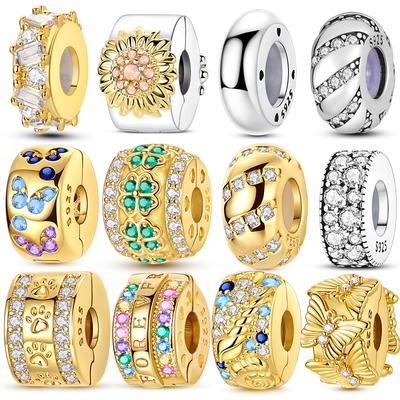 925 Silver Clip Gold Color Charms Fit Original Bracelet DIY Bead CZ Zircon Dangle Pendant Jewelry Gift for Women