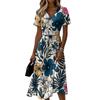 Women’s Short Sleeve V Neck Floral Print Midi Dress with High Waist A Line Fit and Flare for Casual Wear
