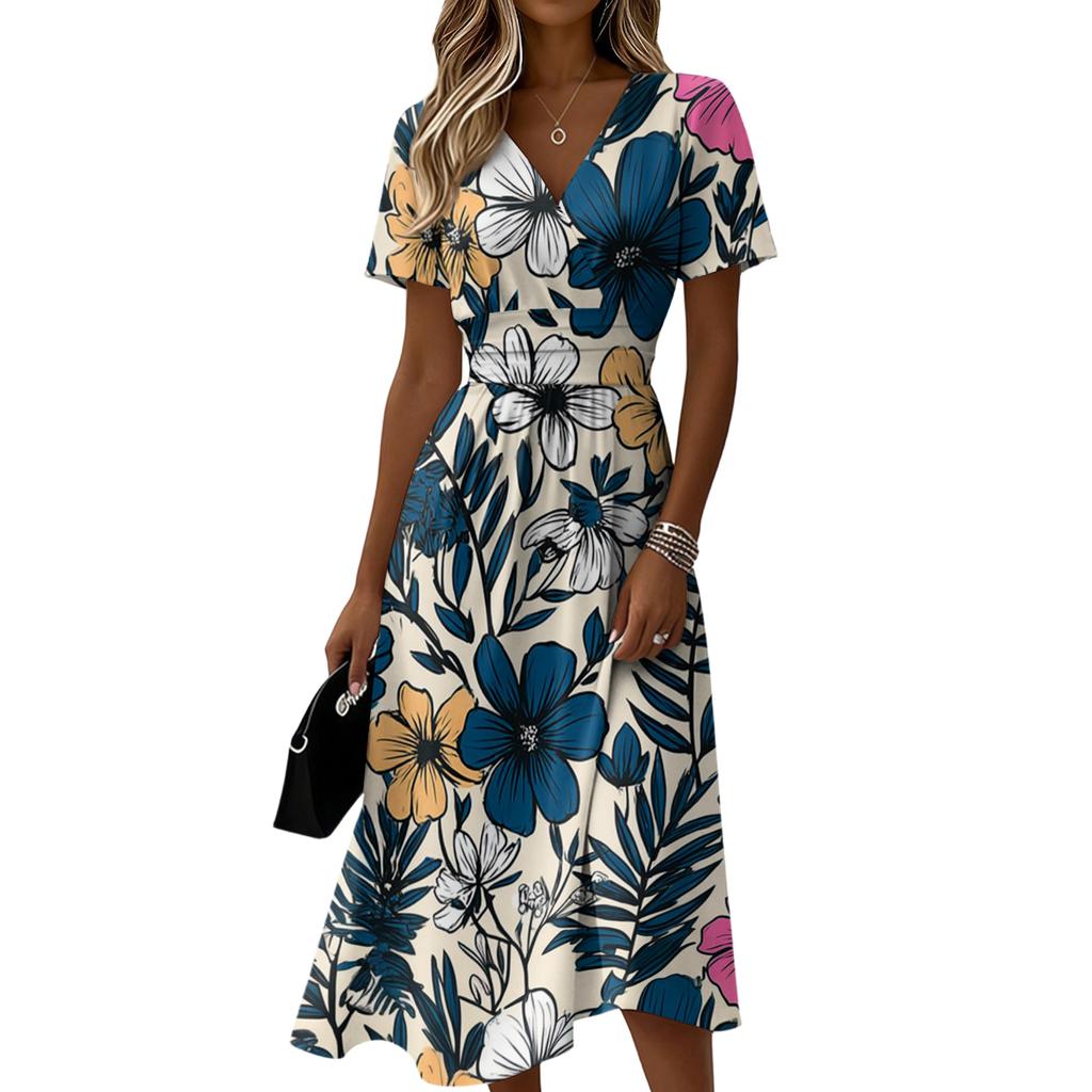 Women’s Short Sleeve V Neck Floral Print Midi Dress with High Waist A Line Fit and Flare for Casual Wear
