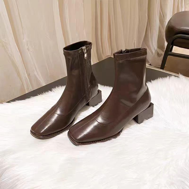 New Autumn Winter Versatile Boots Fangtou Outdoor Anti Slip Shoes Thick-heel Women's Elastic Boots Woman Shoes High Boot Botas