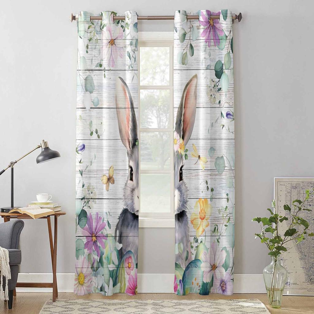 Easter Spring Flowers Bunny Wood Grain Window Curtains for Living Room Bedroom Curtain Modern Kitchen Blinds Drapes Curtains