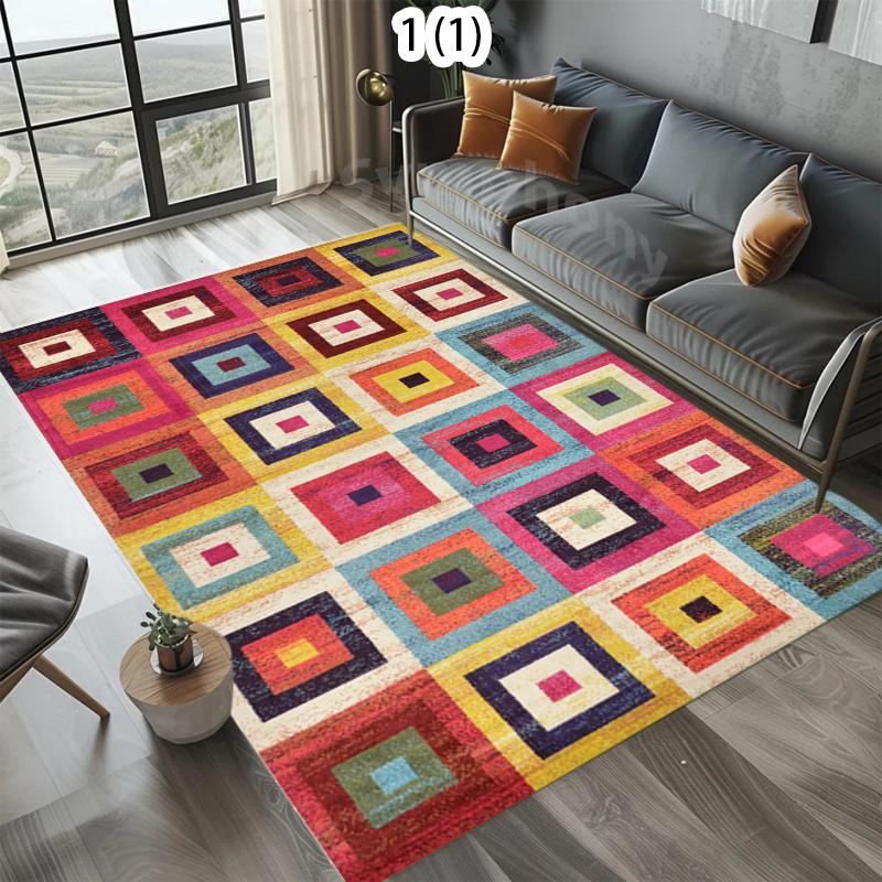 Colorful Geometric Square Area Rug Non-Slip Washable Floor Mat with Vibrant Block Pattern Boho Abstract Carpet for Living Room