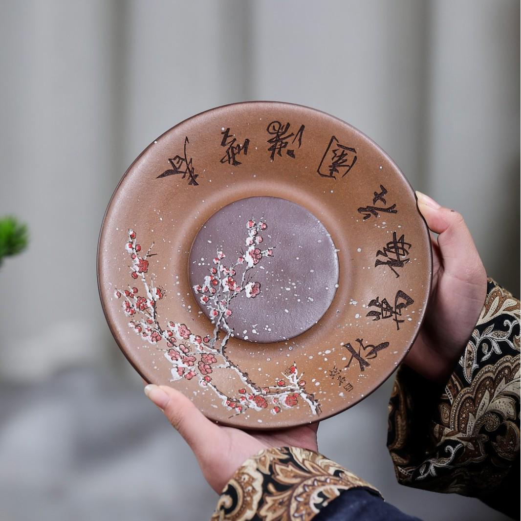 Handmade Plum Blossom Purple Clay Teapot with Hand-Painted Yixing Design and Original Ore Kettle Holder