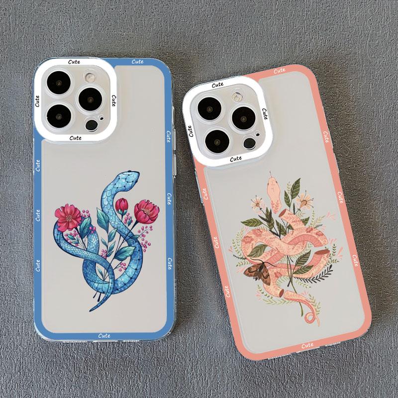Rose Floral Snake Clear Phone Case For IPhone 11 14 Pro Max 13 12 Pro Max X XR XS SE2 14 8 7 Plus Transparent Back Cover Fundas