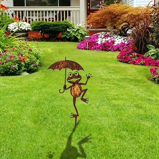Rusty Frog Garden Stake Cute Frog Holding Umbrella Yard Art Stake Iron Outdoor Ornament for Lawn Flowerbed Courtyard Decor
