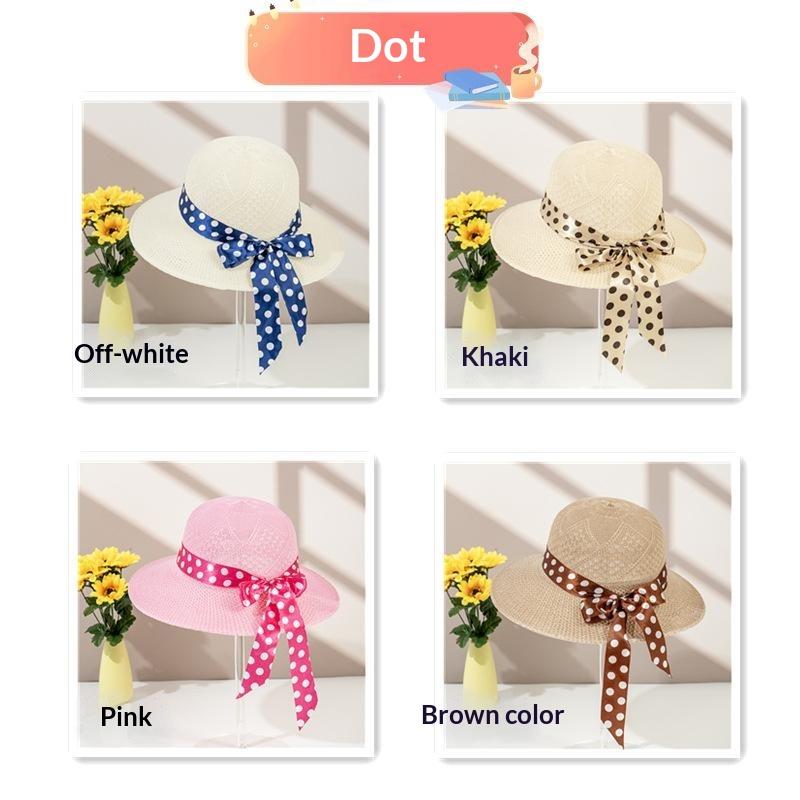 Beige Wide Brim Straw Sun Hat Foldable Polka Dot Bow Ribbon UV Protection for Summer Pool Party Travel Use