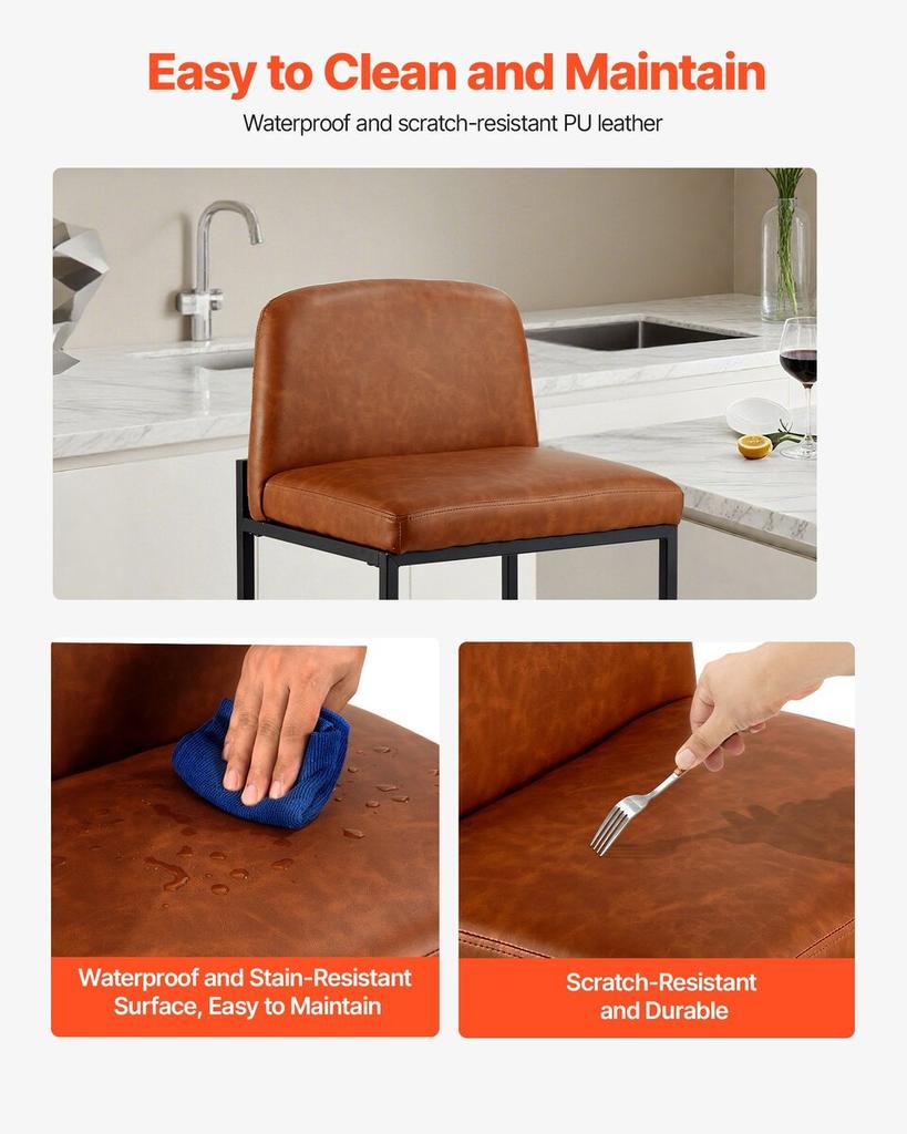 Bar Stool Set of 4, 68cm Counter Height Stools, Modern PU Leather Counter Barstool with Backrest, Metal Legs, Easy Assembly Armless Bar Chair, Island
