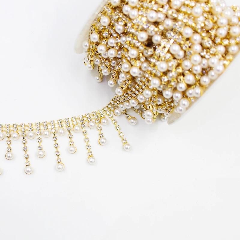 1 jard perłowy chwost kryształowy metalowy łańcuch DIY koronkowy lamówka z kryształkami naszywana odzież buty torba odzież zasłona dekoracje akcesoria