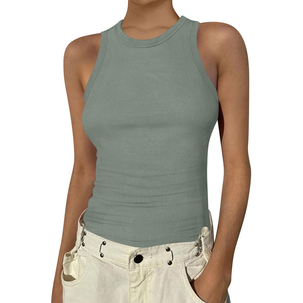 Women's Summer Fashion Casual Color Round Neck Sleeveless Top Tight Tank Top