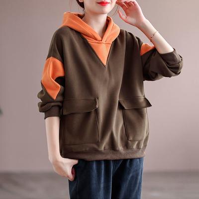 No Velvet Cotton Color Matching Hooded Sweater Women's Autumn All-match Loose and Thin Pullover Women