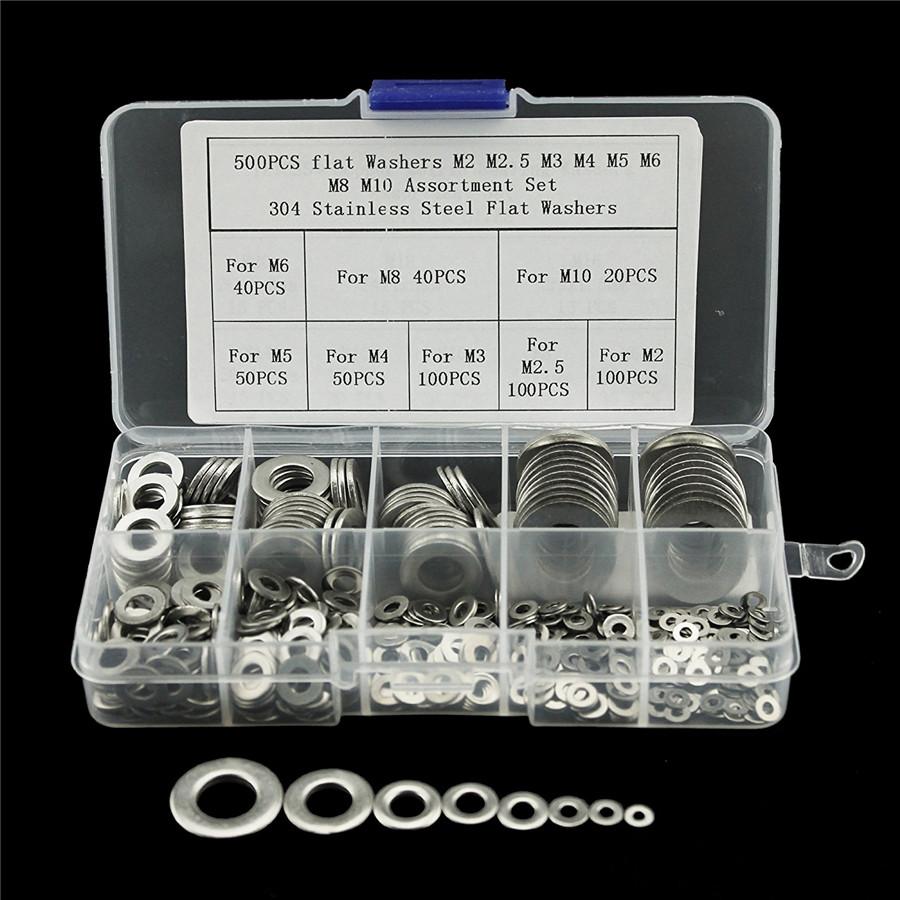 500PCS Stainless Steel Flat Washers Assortment Kit For M2 M2.5 M3 M4 M5 M6 M8 M1