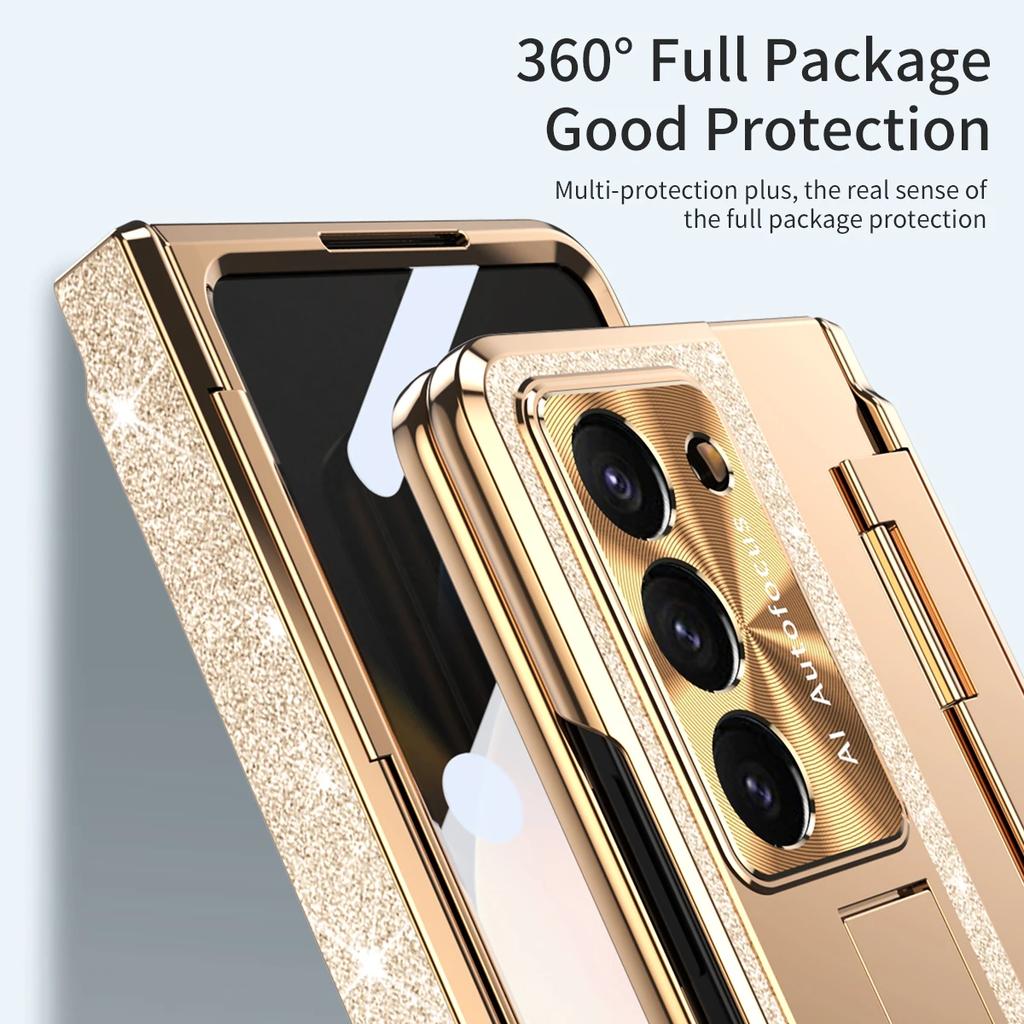 With S Pen Holder For Samsung Galaxy Z Fold 5 4 3 Case Hinge Glitter Bling Plating Leather Luxury Keyboard Full Protection Cover