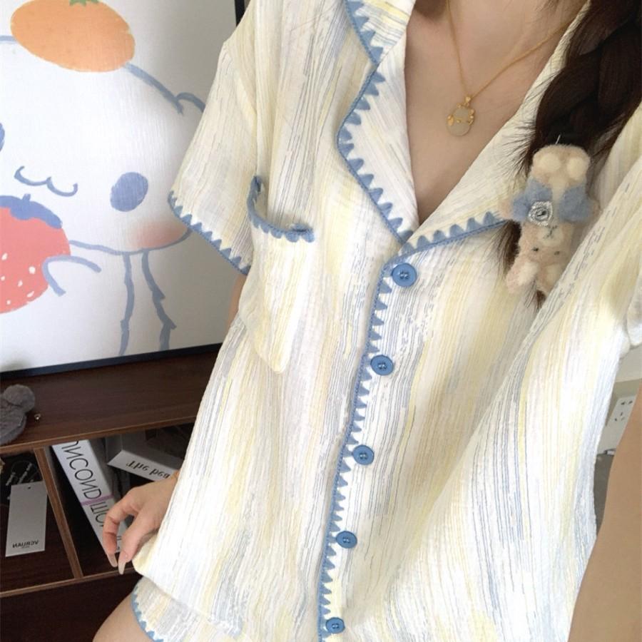 Japanese Ins Style Pajamas Women's Summer Cloud Cotton Simple Stripes Can Be Worn Outside Short Sleeves Shorts Loungewear Set