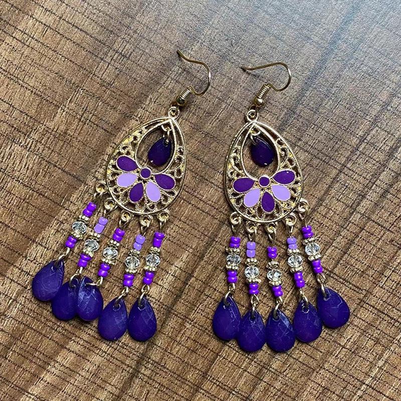 Bohemian Crystal Tassel Earrings - Ethnic Style, Slim Face, Exaggerated Design for Travel
