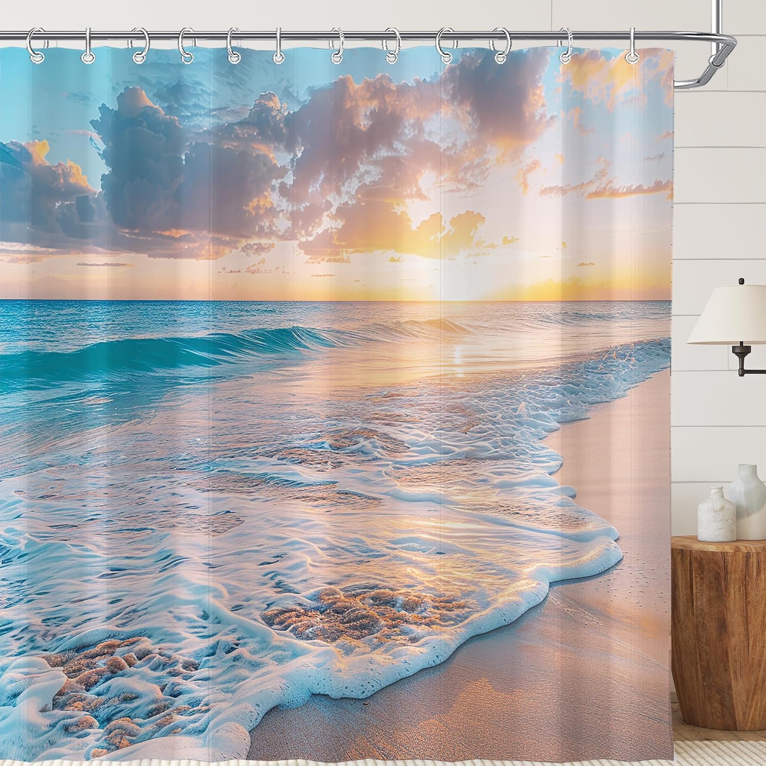 Beach Sunset Shower Curtain Ocean Waves Sky Clouds Tropical Scene Nature Art Bath Decor Waterproof Fabric Home Accessories 90x180cm35x71in