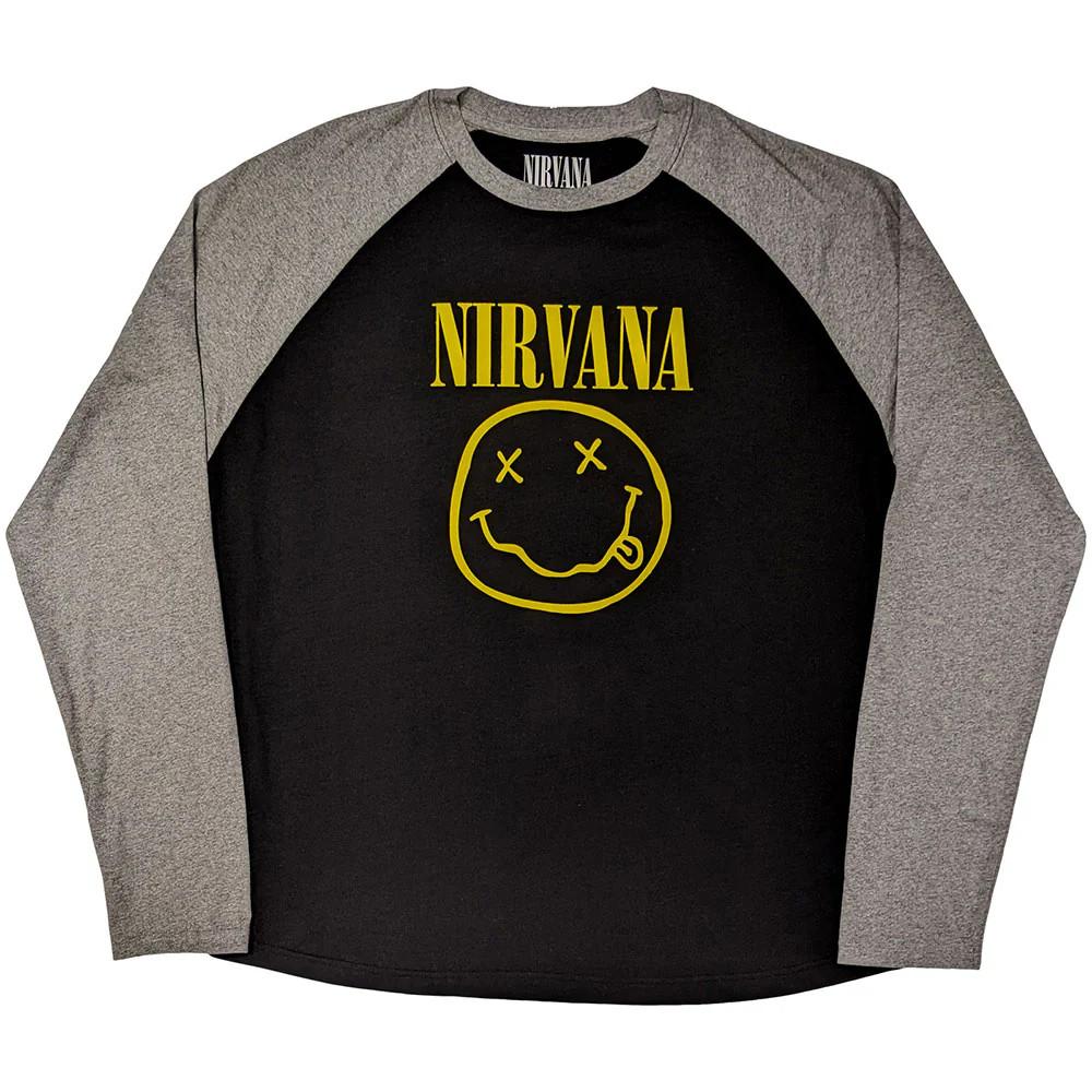 Nirvana Raglan T-Shirt: Yellow Happy Face (Black & Grey) OFFICIAL NEW M