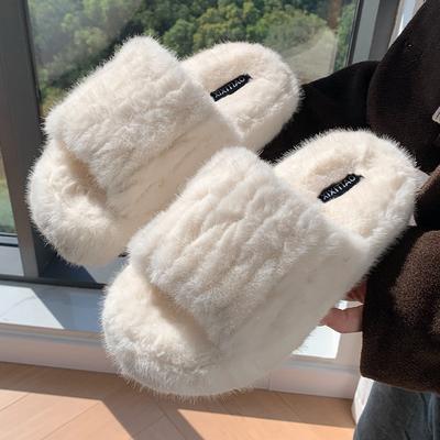 2024 New Solid Color Simple Women's Fluffy Slippers Autumn Winter Fashion Ladies Ins Comfort Indoor Home Cotton Fur Slippers