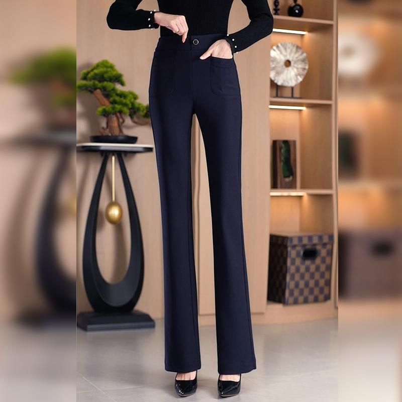 

Plus Velvet High Waist Flared Pants for Women - Winter 2025, Slimming Elastic Waist, Micro Flare for Middle-aged Mothers Dark Blue Spring/Fall Tall