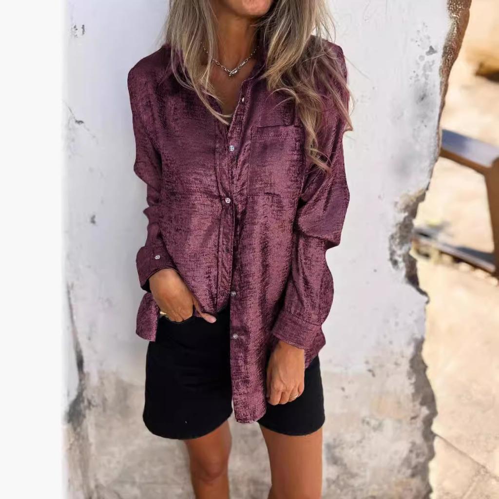 Women's Lapel Collar Long Sleeve Metallic Foil Single Breasted Pocket Loose Casual Shirt Blouse