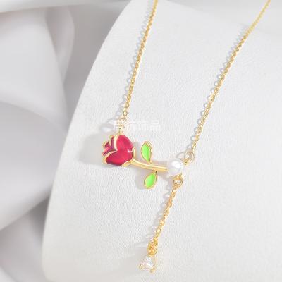 Rose Necklace Women'S Light Luxury Simple Versatile Fresh Natural Flower Pendant Clavicle Chain Accessories
