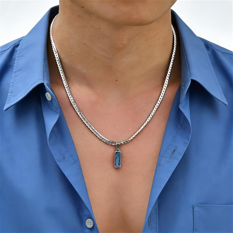 

Men S Boys Versatile Blue-Black Rectangular Pendant Necklace, Flat Cuban Chain Necklace with Lobster Clasp. Easy Geometric Design