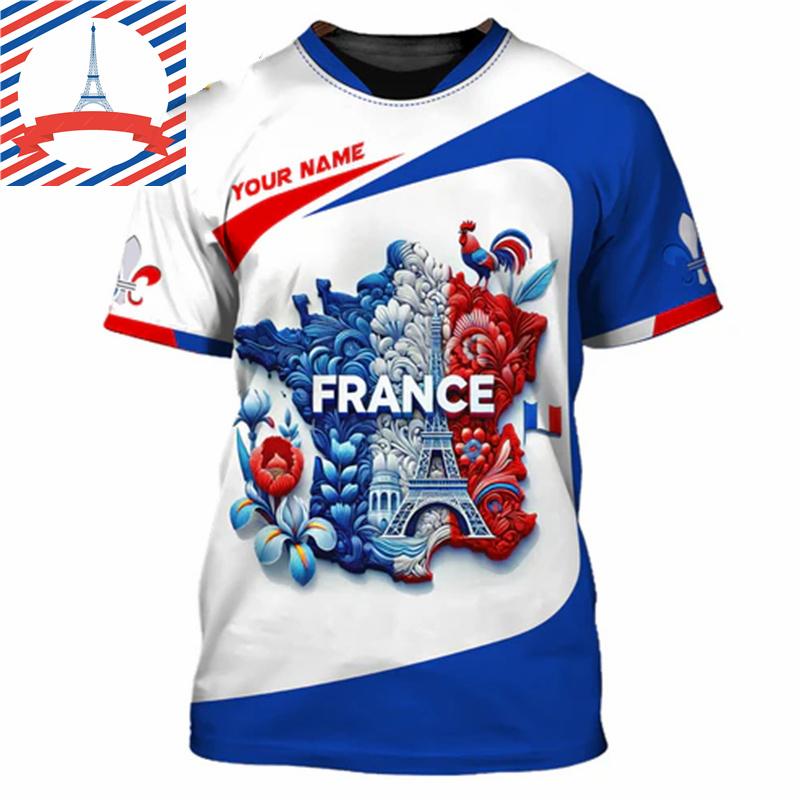 Französisches Flag Football T-Shirt für Herren 3D-Druck Hahn Rundhals-T-Shirts Benutzerdefinierter Name Streetwear Sommer Mode Trend Tee