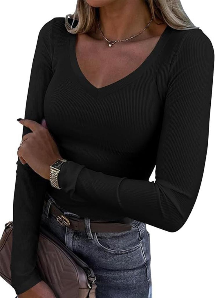 Womens V Neck Sweater Pullover Casual Knitwear Long Sleeve Slim Fit Lightweight Stretchy Jumper Top for Autumn Winter