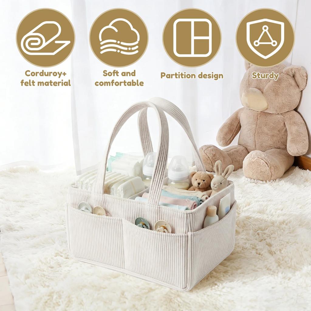 Organizador de Caddy para Pañales de Bebé Cesta de Almacenamiento de Pañales de Pana con Asa Plegable Multibolsillo Organizador de Almacenamiento de Pañales para Recién Nacidos