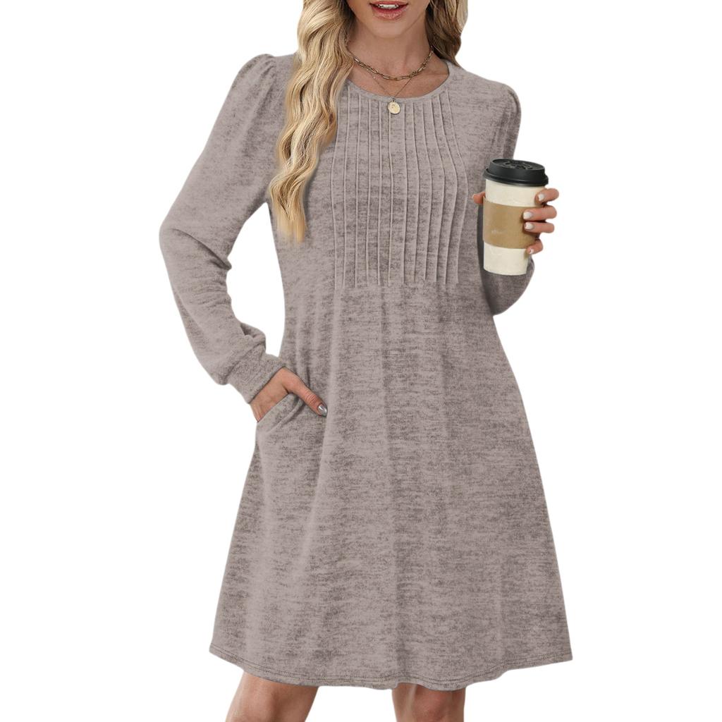 Women's Long Sleeve Pleated Round Neck Solid Color Casual Dress With Pockets