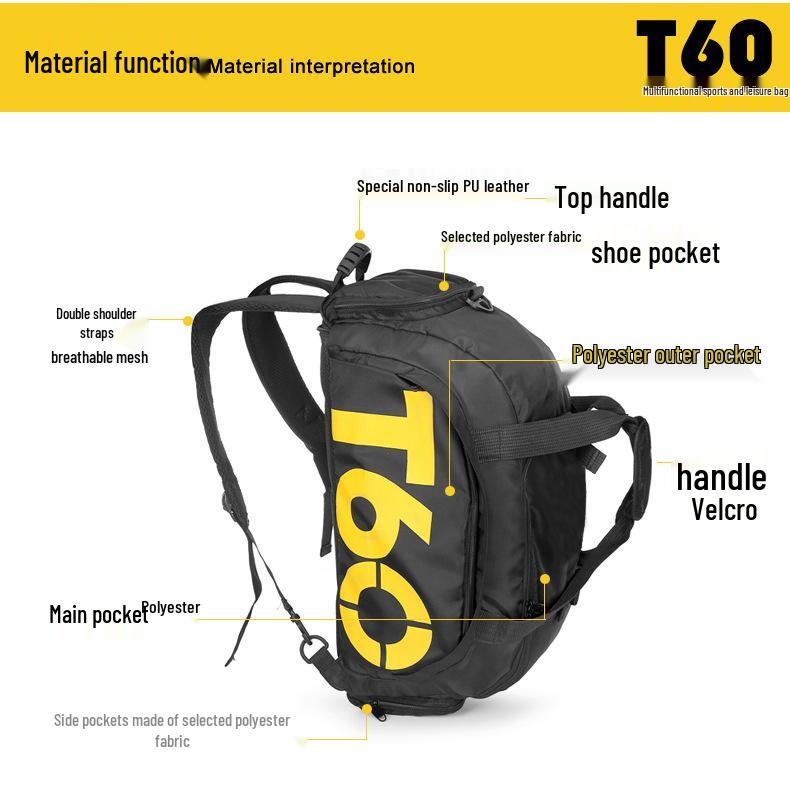 T60 Sports Travel Bag - Double Shoulder, Dry/Wet Separation, Gym & Yoga Bag for Men and Women.