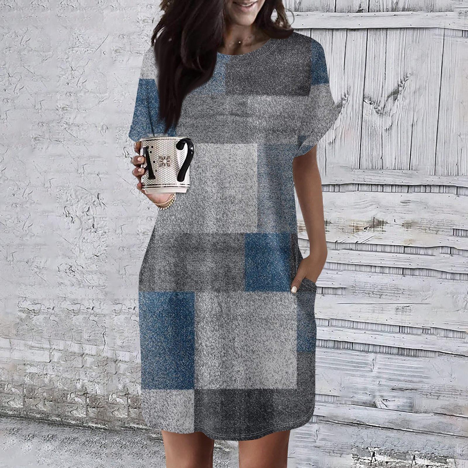 

Женское платье с круглым вырезом и коротким рукавом, повседневные летние платья-туники, свободное платье с карманом L синий