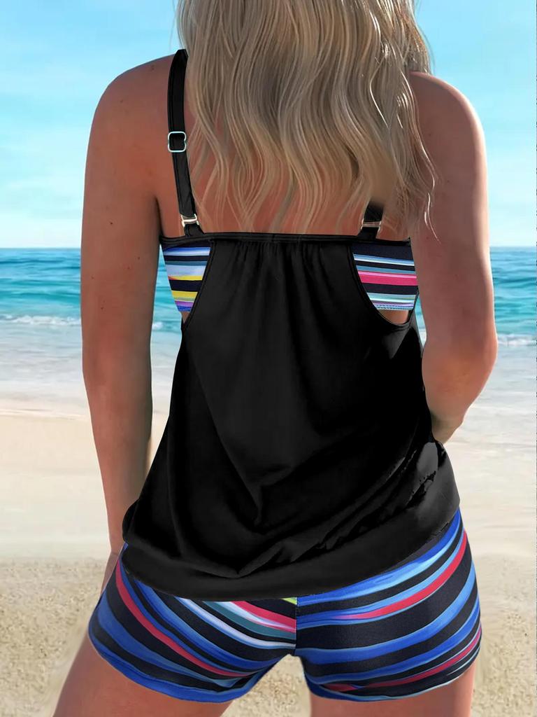 2025 European & American Print Tankini Swimsuit: Conservative Two-Piece with Shorts for Women